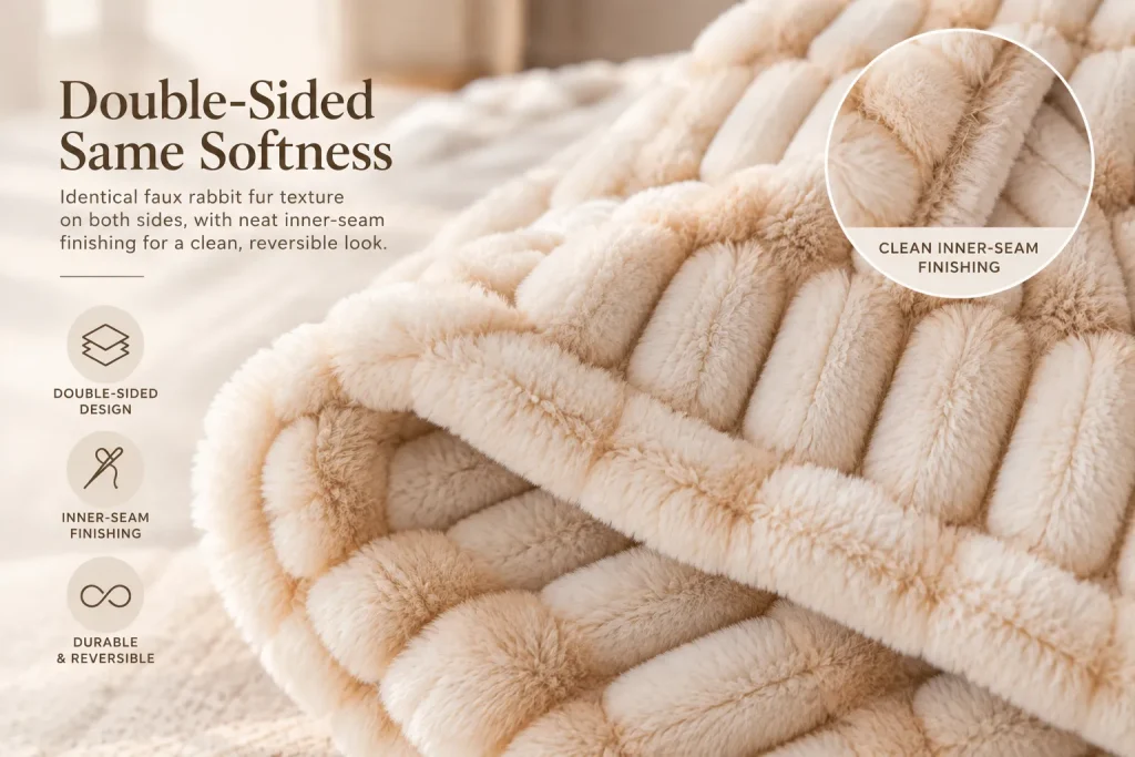Double sided spandex faux rabbit fur blanket, inner seam detail graphic, reversible luxury throw