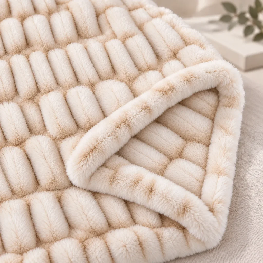 Double sided spandex faux rabbit fur blanket, fabric close‑up, soft cozy home textile