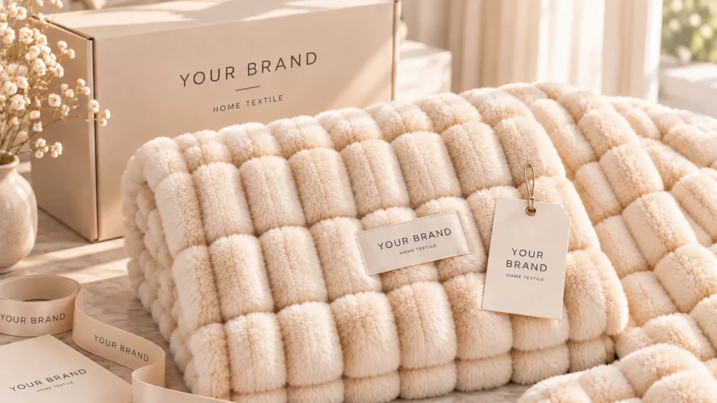 Faux rabbit fur blanket, folded product shot, custom private label gift packaging