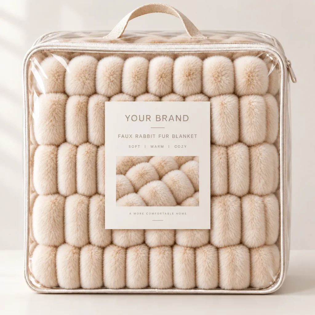 Double sided spandex faux rabbit fur blanket, gift carry package, retail home textile packaging