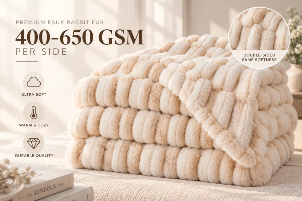 Double sided spandex faux rabbit fur blanket, stacked product shot, premium warm bedding
