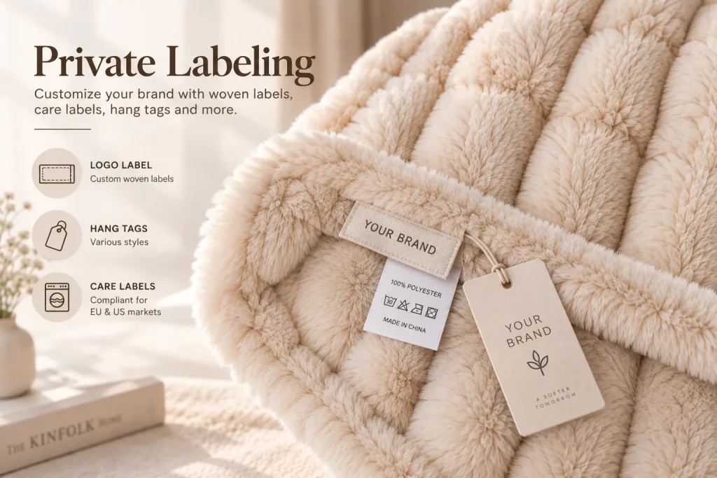 Faux rabbit fur blanket, private labeling service, custom woven hang & care labels