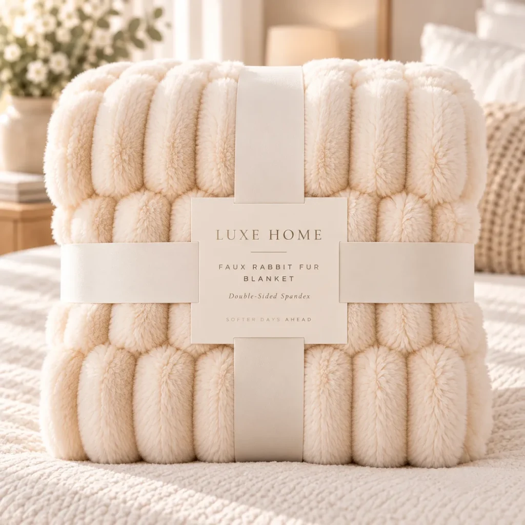Faux rabbit fur blanket, premium gift paper band packaging, luxury home throw blanket