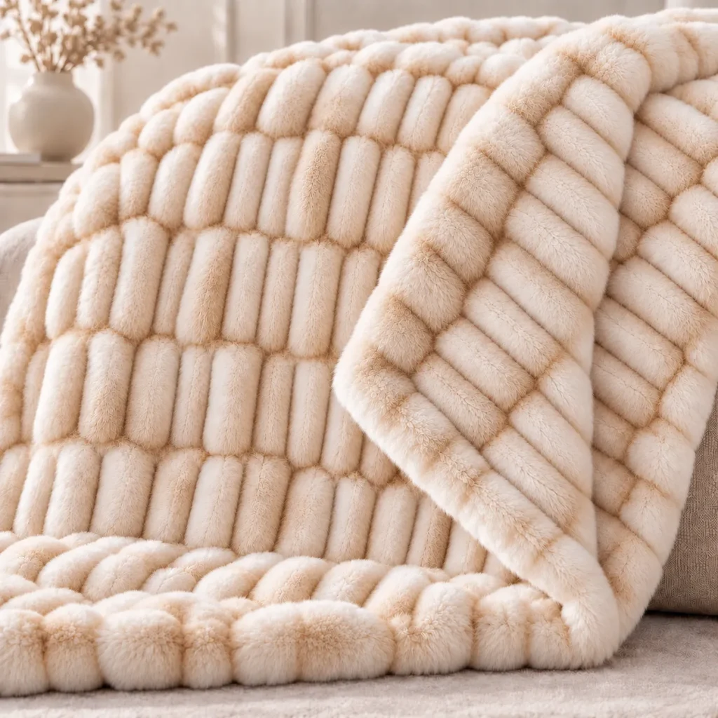 Double sided spandex faux rabbit fur blanket, sofa laid display, luxury throw blanket