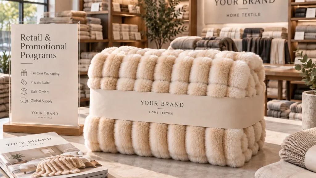 Faux rabbit fur blanket, retail shop display, wholesale private label textile program