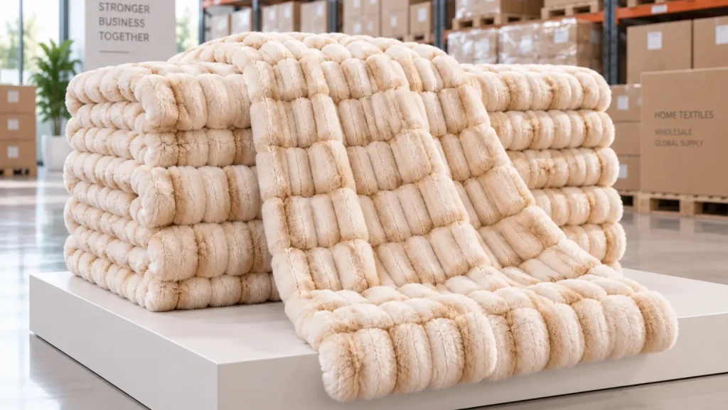 Double sided spandex faux rabbit fur blanket, warehouse wholesale display, bulk home goods supply