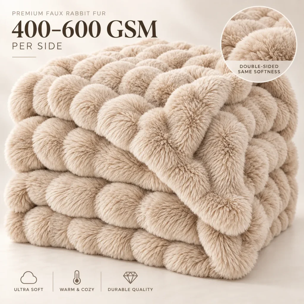 Faux rabbit fur blanket 400-600 GSM per side, ultra soft double-sided plush throw