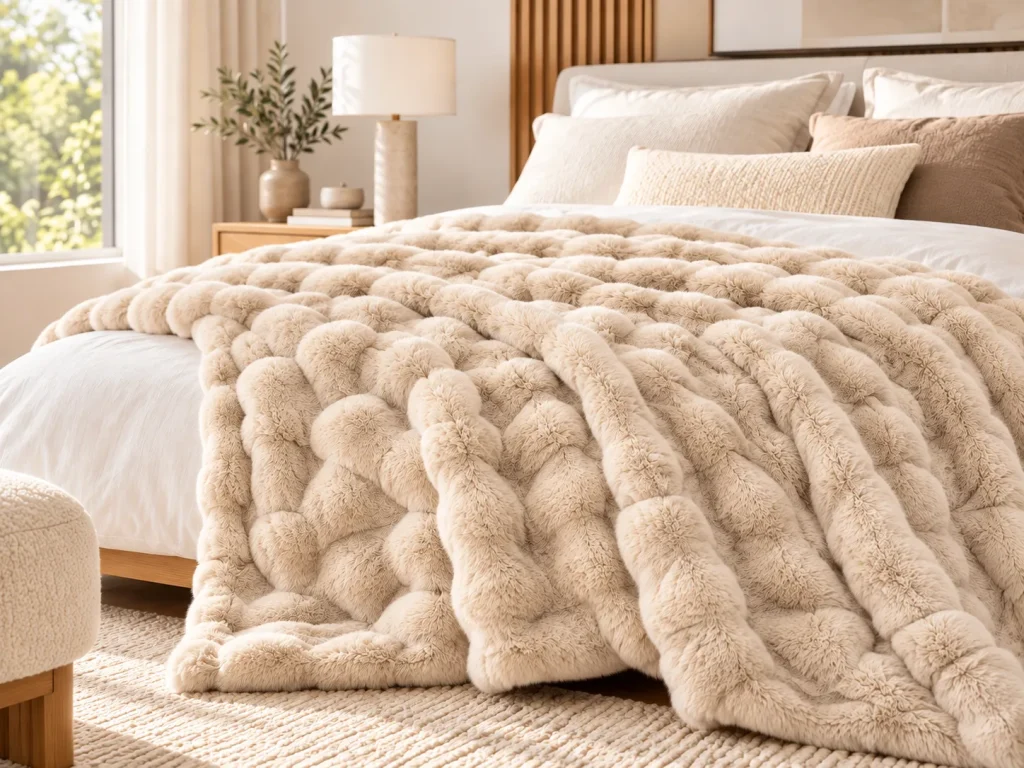 Faux rabbit fur blanket on bed, comfortable bedding throw blanket