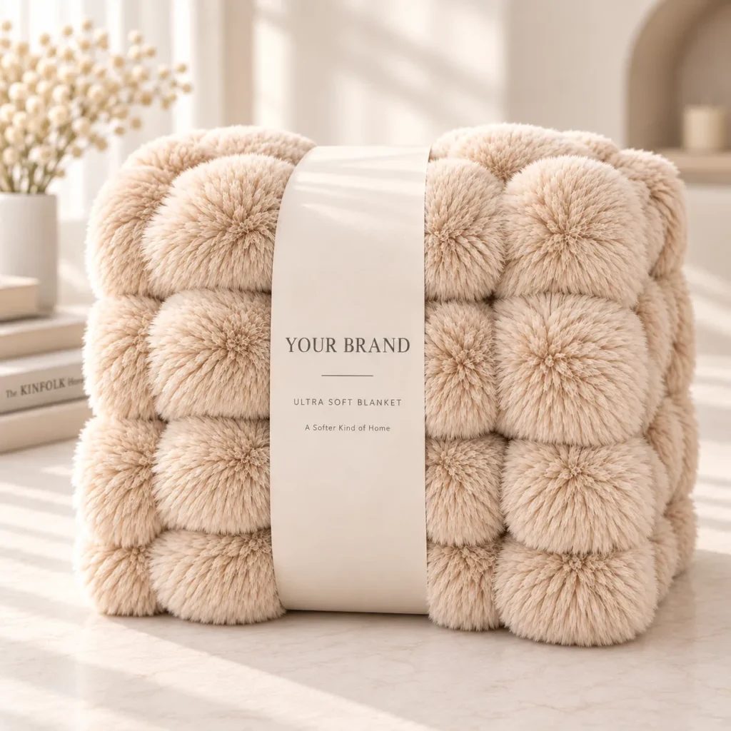 Faux rabbit fur blanket bundled with paper band, custom branded textile