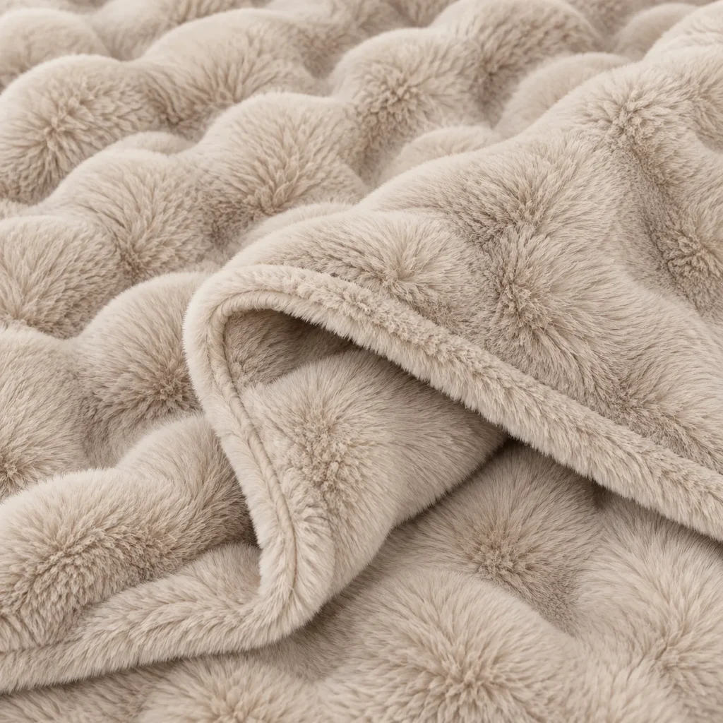 Faux rabbit fur blanket bubble grid texture closeup, thick plush soft fabric detail