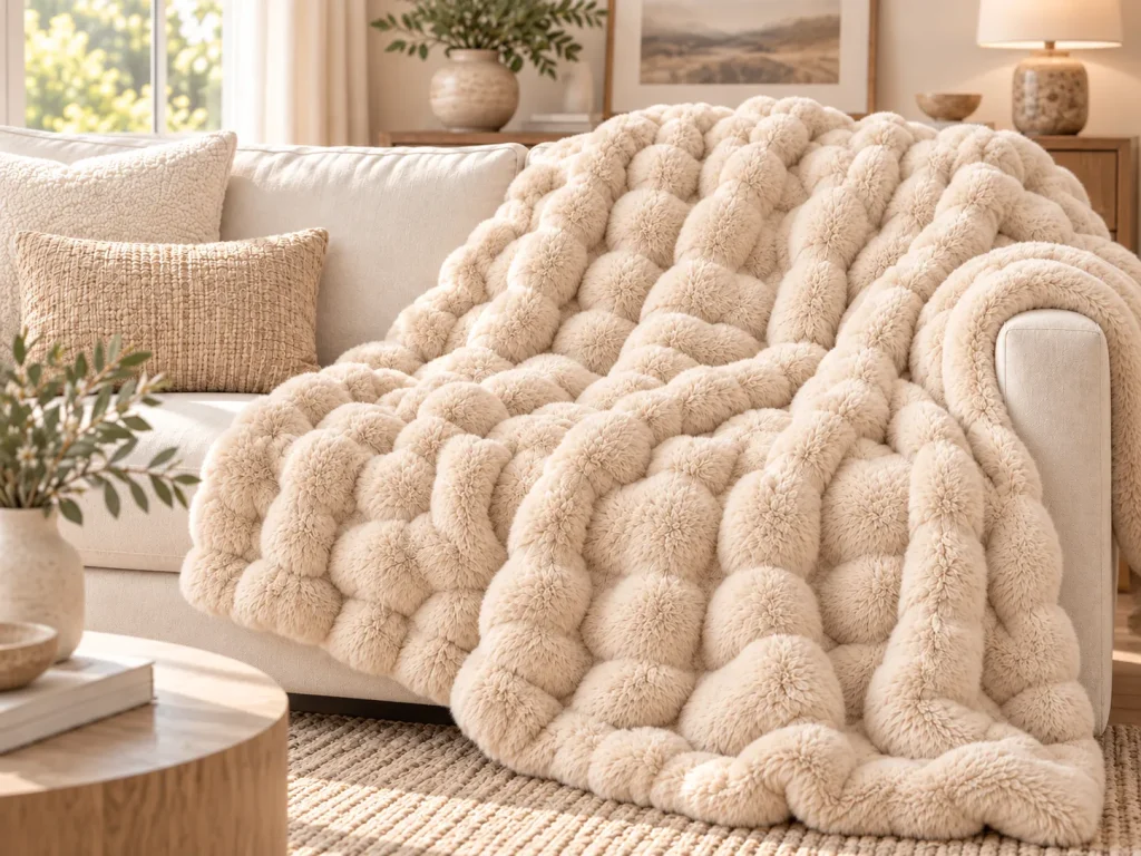 Faux rabbit fur blanket laid on couch, warm home throw textile