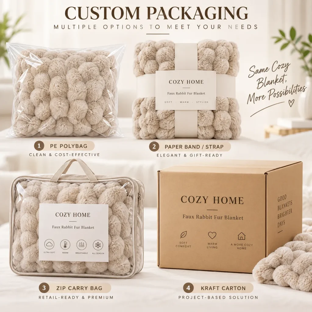 faux rabbit fur blanket, custom packaging, wholesale gift blanket