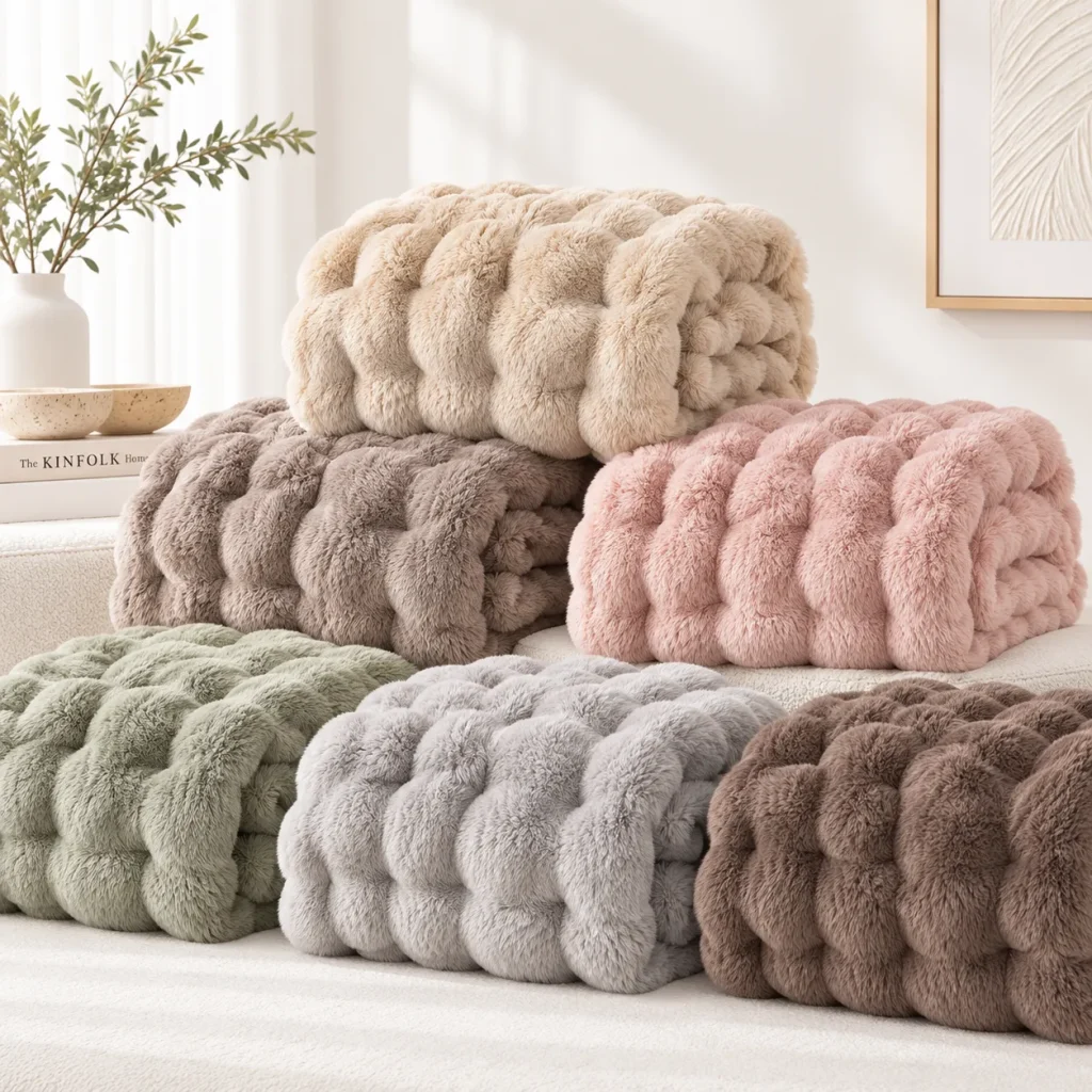 faux rabbit fur blanket, multi color stack, versatile home textile