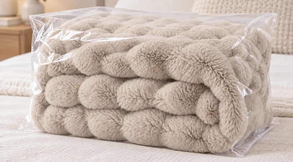 Faux rabbit fur blanket packed in plastic bag, soft home throw blanket