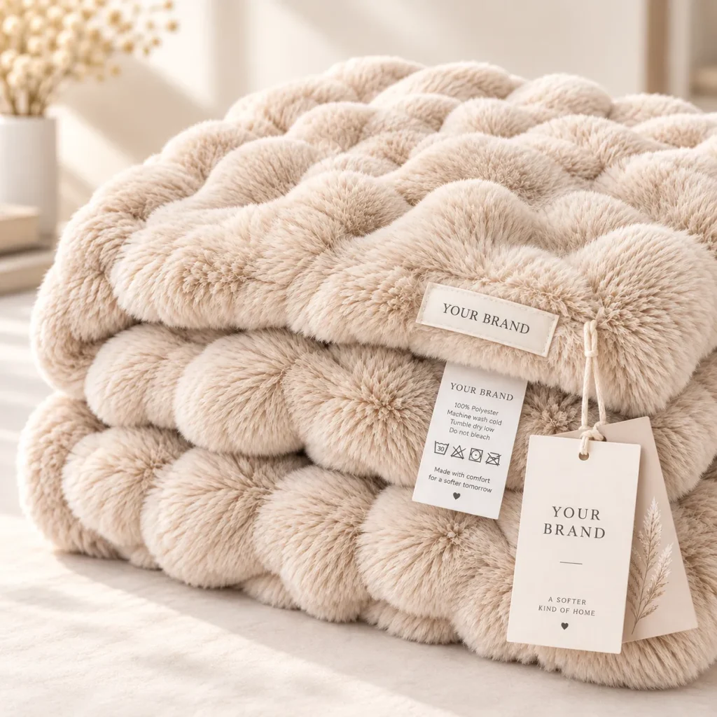 Faux rabbit fur blanket label tag closeup, durable luxury throw