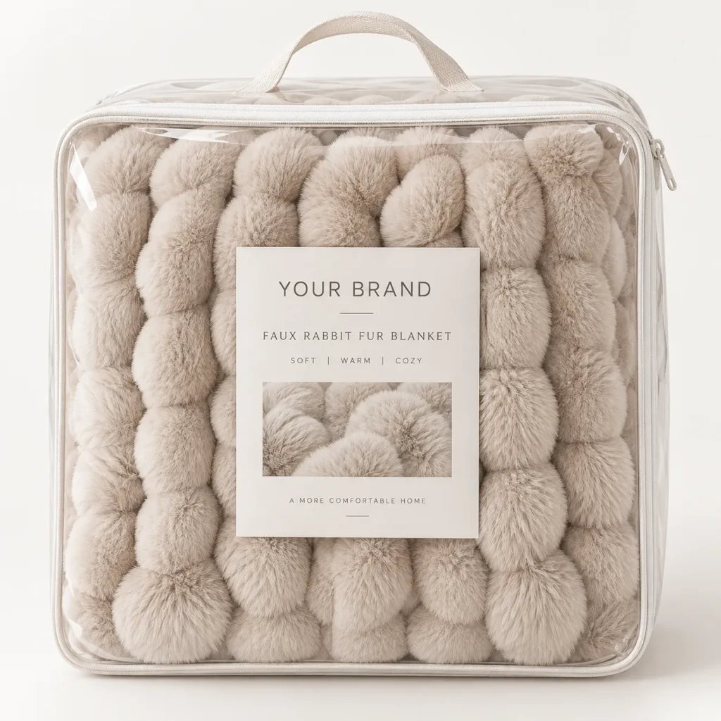 Faux rabbit fur blanket in clear carry bag, premium gift textile