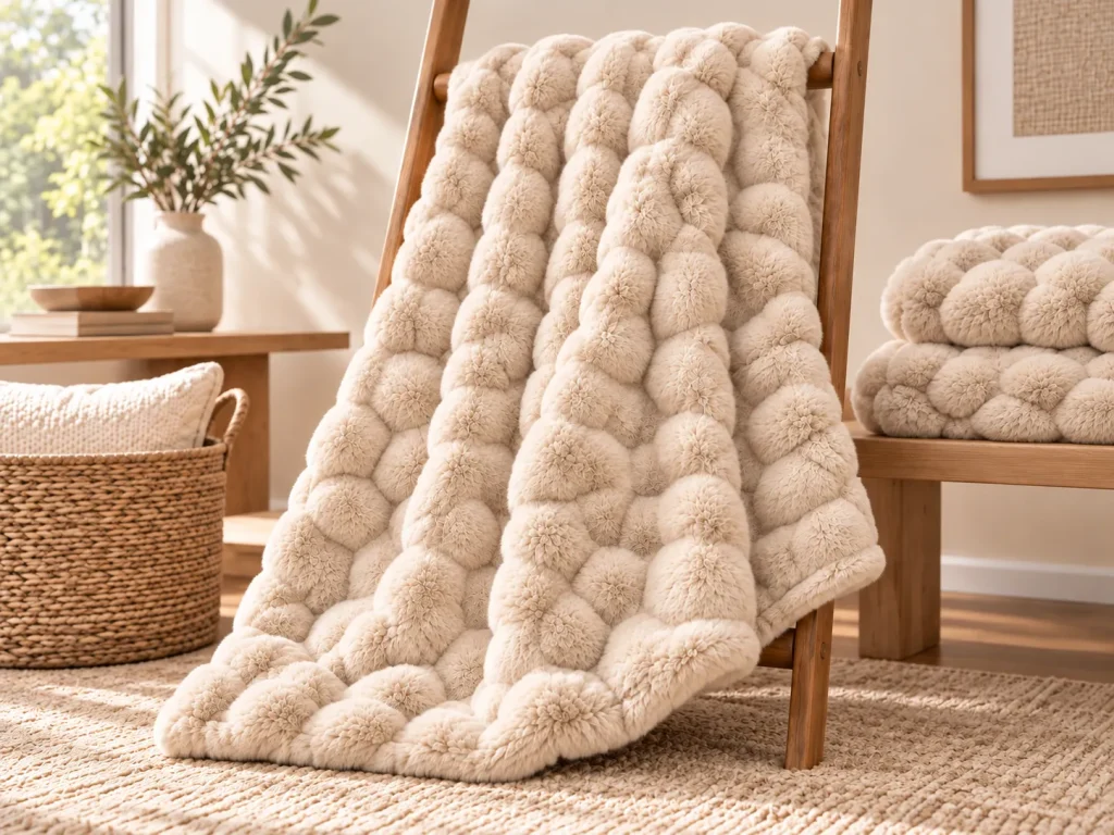 Faux rabbit fur blanket on wooden chair, luxury soft throw blanket