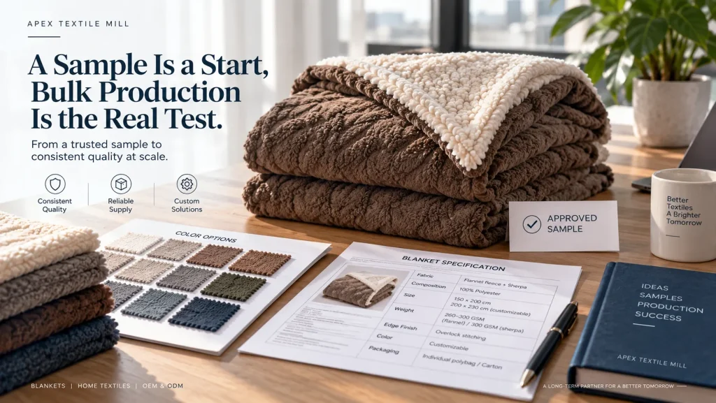 Flannel sherpa blanket, approved fabric sample swatches, bulk production planning for home textile manufacturer