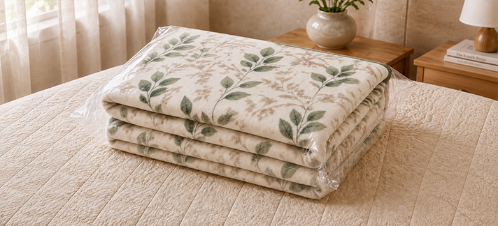 flannel blanket folded in PE bag green leaf print home textile