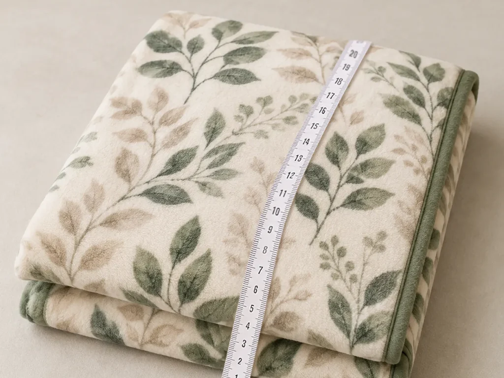 Printed flannel fleece blanket, size measuring view, soft cozy bedding