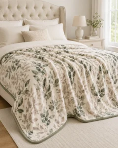 Printed flannel fleece blanket, full bed styling, vintage leaf print throw