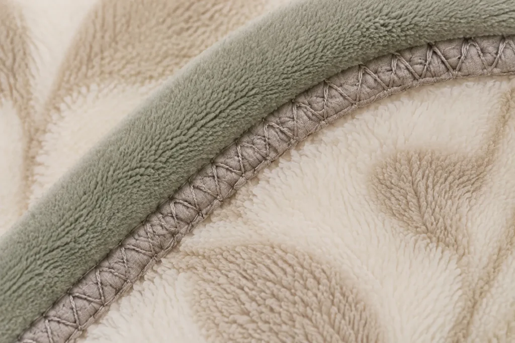 Printed flannel fleece blanket, edge binding closeup, fine finished textile
