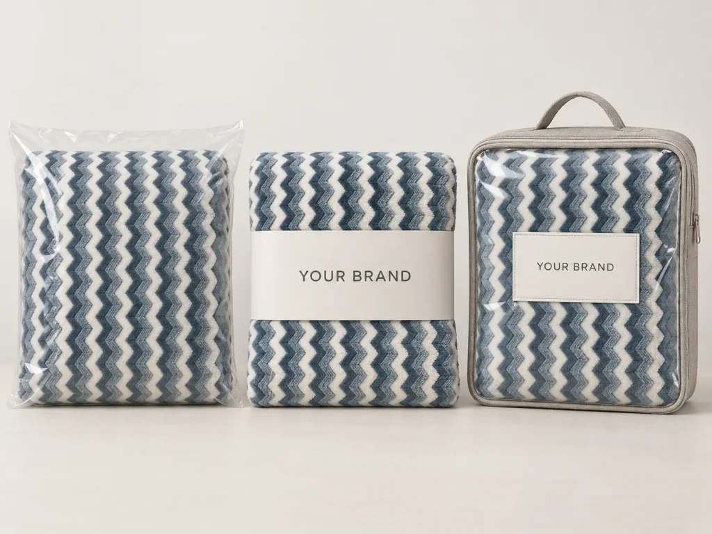 Jacquard flannel fleece blanket, folded product display, custom brand packaging