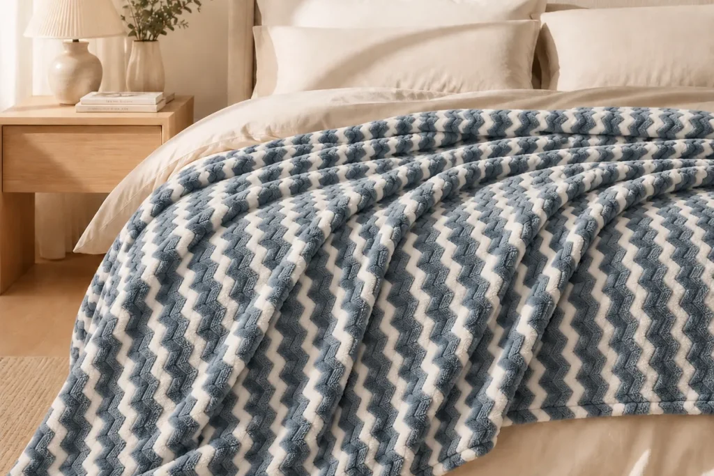 Jacquard flannel fleece blanket, draped on bed, cozy interior shot