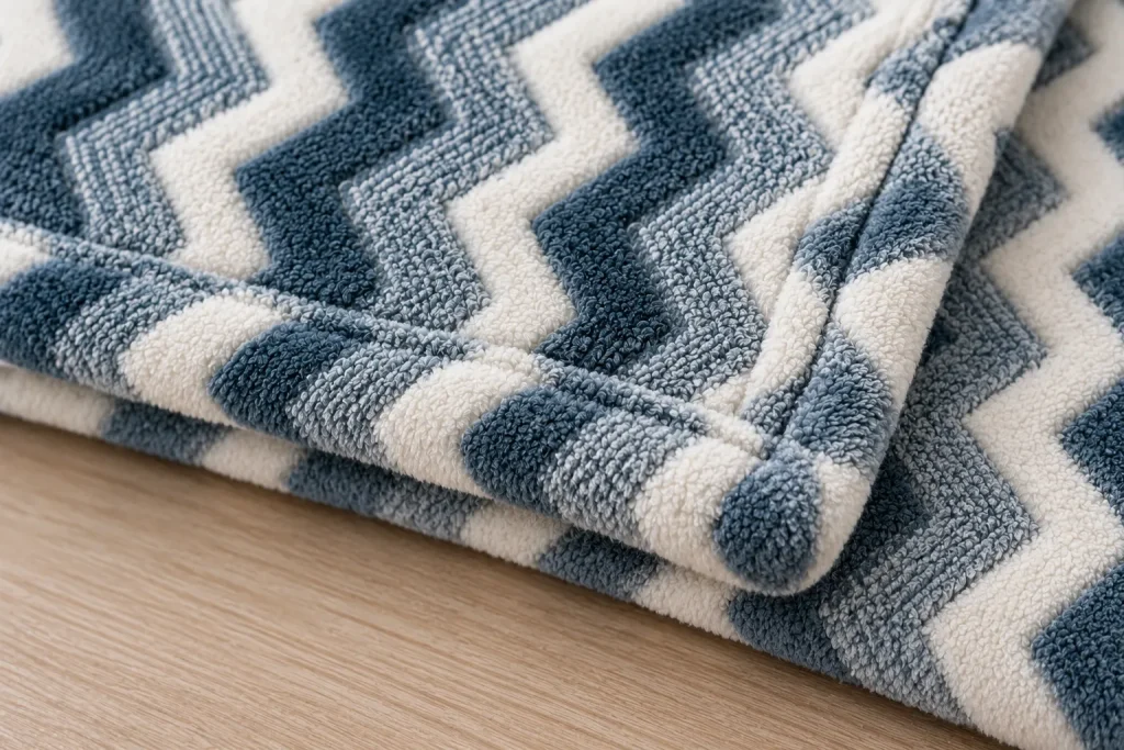 Jacquard flannel fleece blanket, stitching edge detail, woven jacquard texture