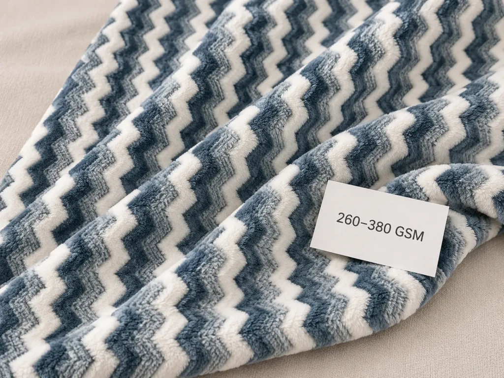 Jacquard flannel fleece blanket, fabric texture closeup, 260-380gsm thick material