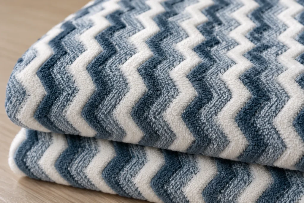 Jacquard flannel fleece blanket, chevron jacquard pattern, plush fabric closeup