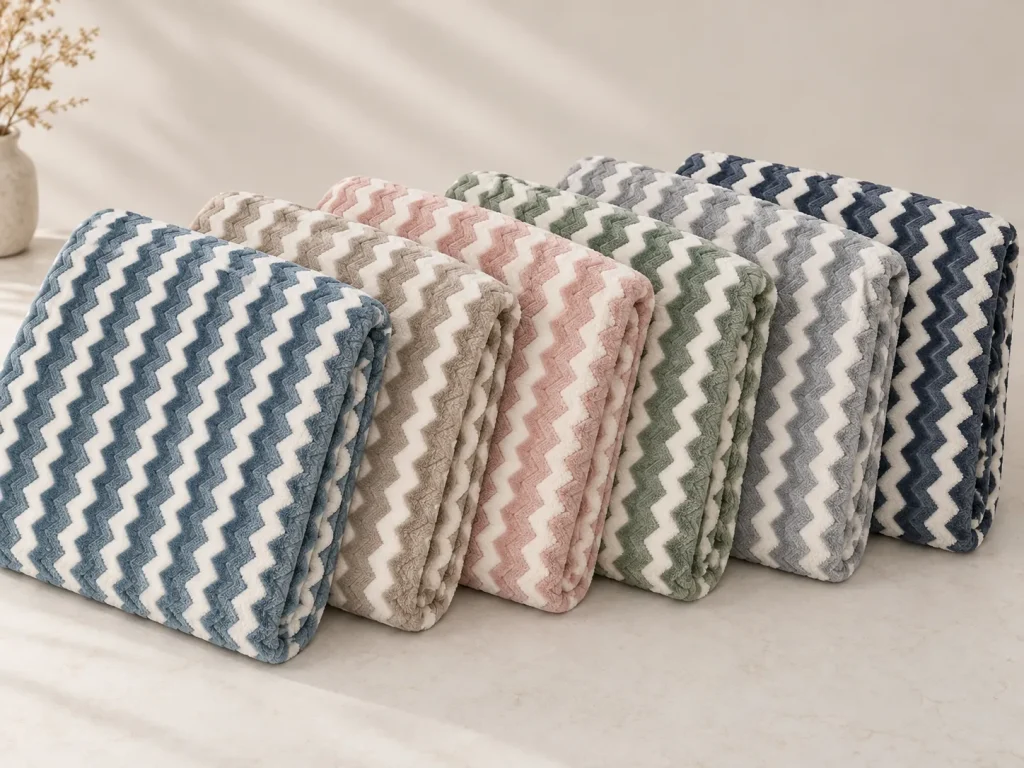 Jacquard flannel fleece blanket, all color options, folded stack display