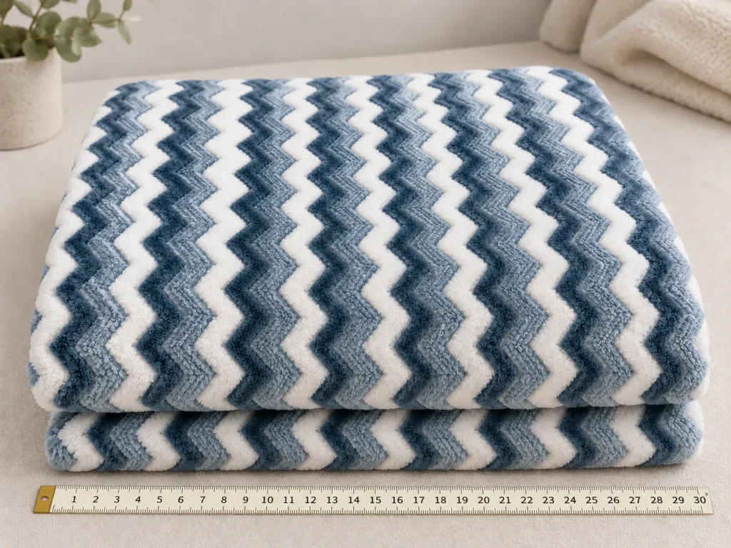 Jacquard flannel fleece blanket, folded blanket with size ruler reference