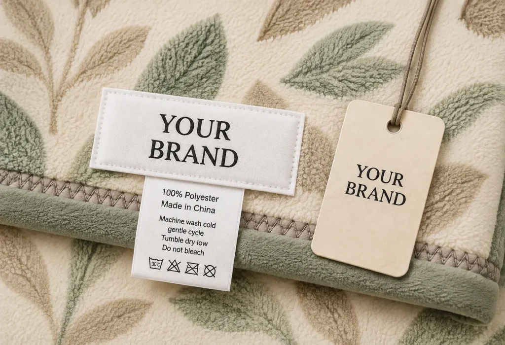 Leaf embossed polyester blanket with custom brand woven label and hang tag, premium home textile