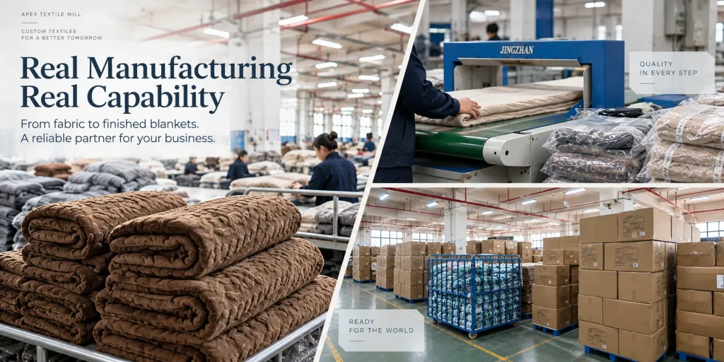 Luxury sherpa fleece blanket, real textile mill workshop and finished goods warehouse, bulk order manufacturing capacity