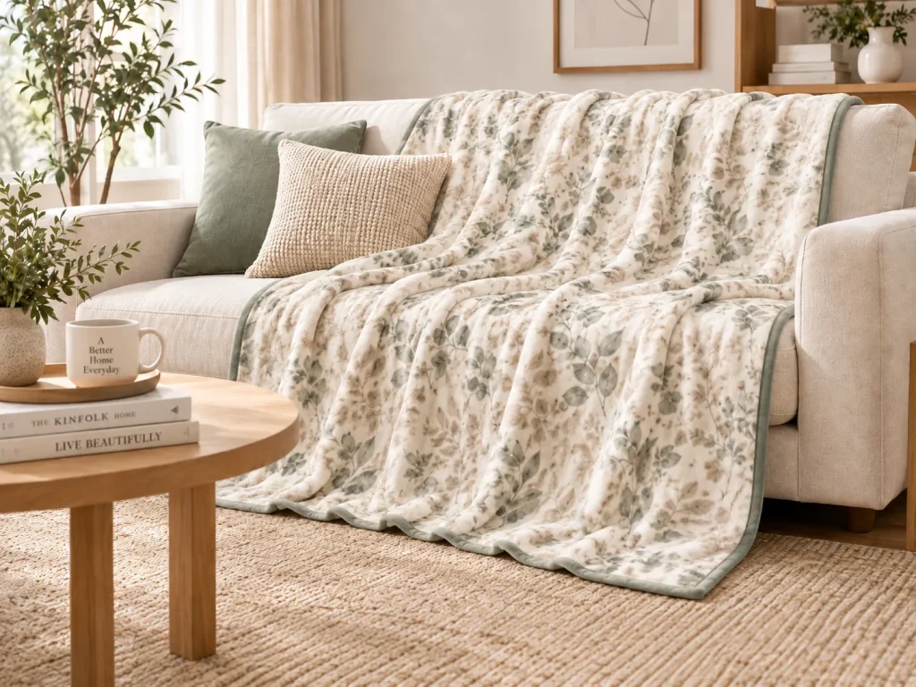 Flannel blanket, leaf print throw blanket draped on sofa, home living decor