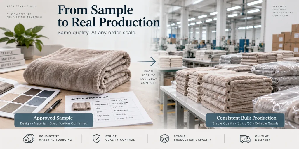 Plush fleece blanket, approved sample to bulk finished goods, reliable textile factory mass production