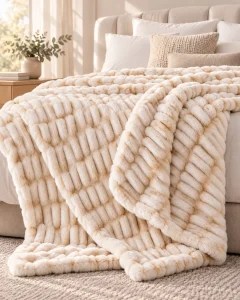 Beige striped plush rabbit fur throw blanket, cozy home bedding decoration