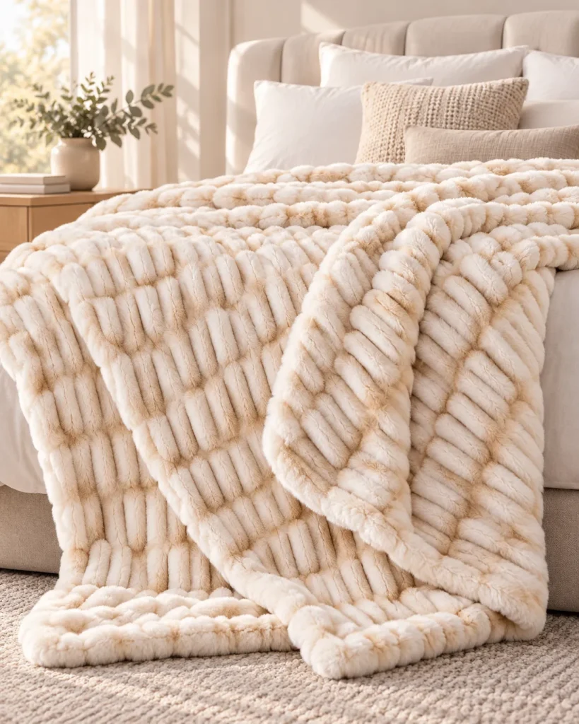 Beige striped plush rabbit fur throw blanket, cozy home bedding decoration