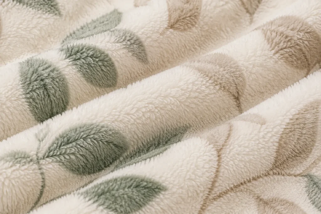 Printed flannel fleece blanket, plush texture macro shot, skin‑friendly fabric