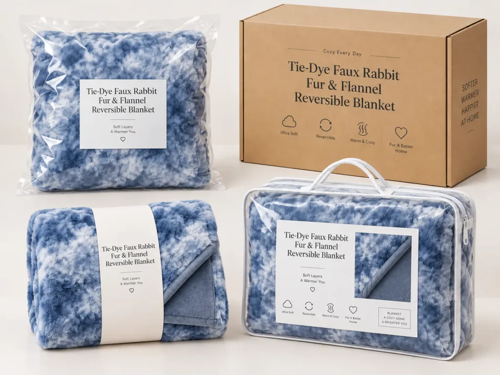 Tie dye reversible flannel blanket in four packaging options: plastic bag, kraft carton, paper waistband and zip gift tote