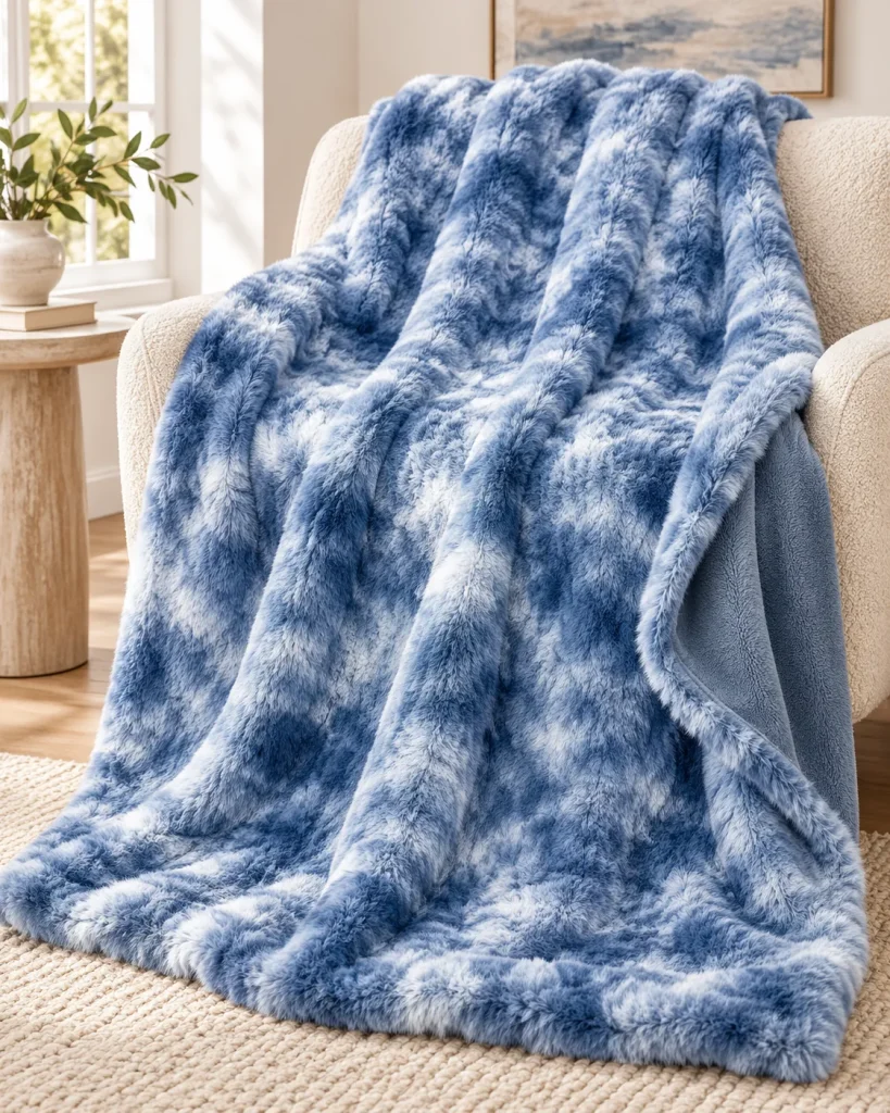 Plush blue and white tie dye faux fur throw blanket draped over a beige armchair beside a vase with green branches