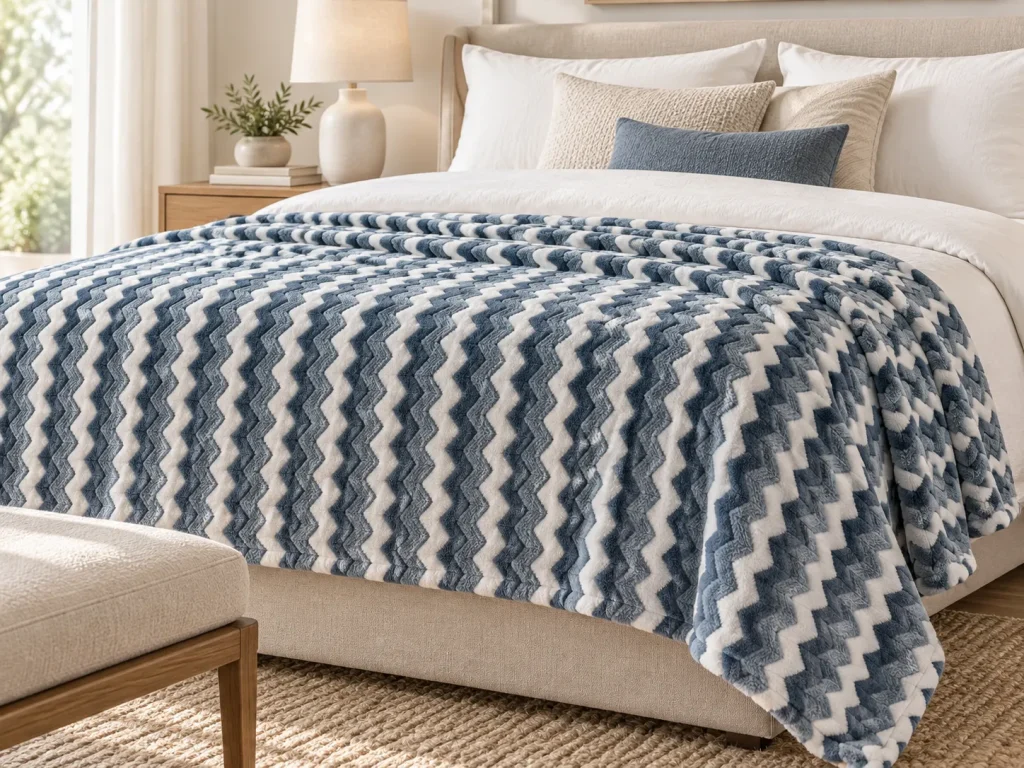 Jacquard Flannel Fleece Blanket laid on bed, cozy bedroom home decoration