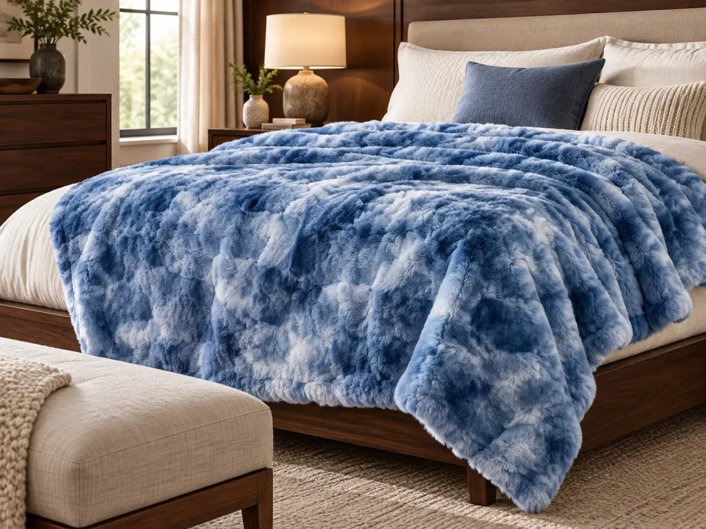Blue and white tie dye fleece blanket layered on a bed with throw pillows in a warm cozy bedroom