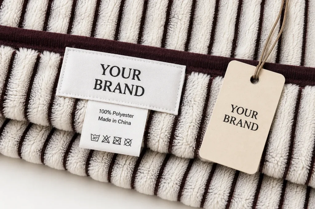 Ribbed Flannel Fleece Blanket, brand label tag detail for custom oem textile supply