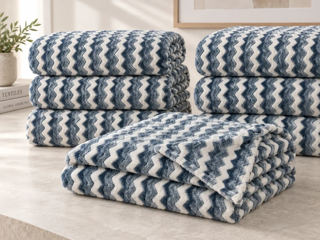 Jacquard Flannel Fleece Blanket bulk stacked display, multiple folded blankets