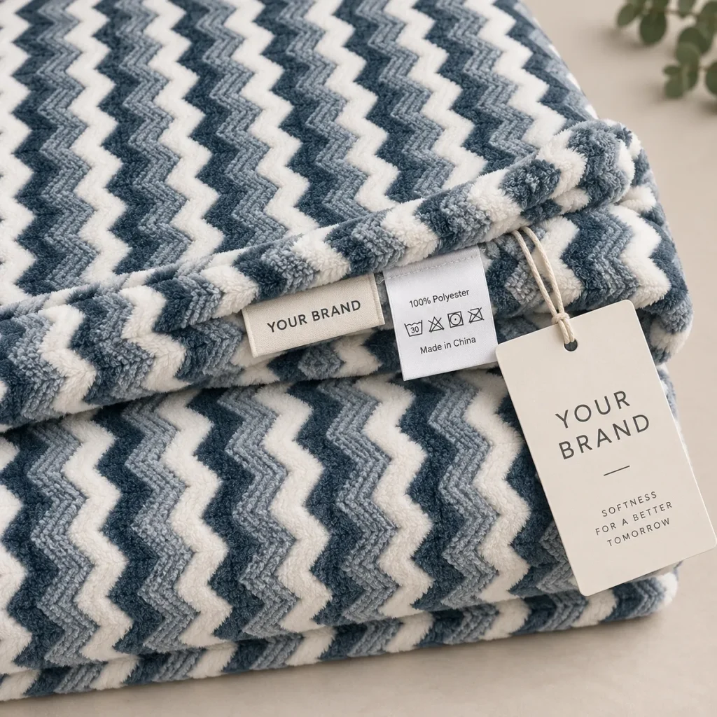 Jacquard Flannel Fleece Blanket woven label and hang tag detail shot