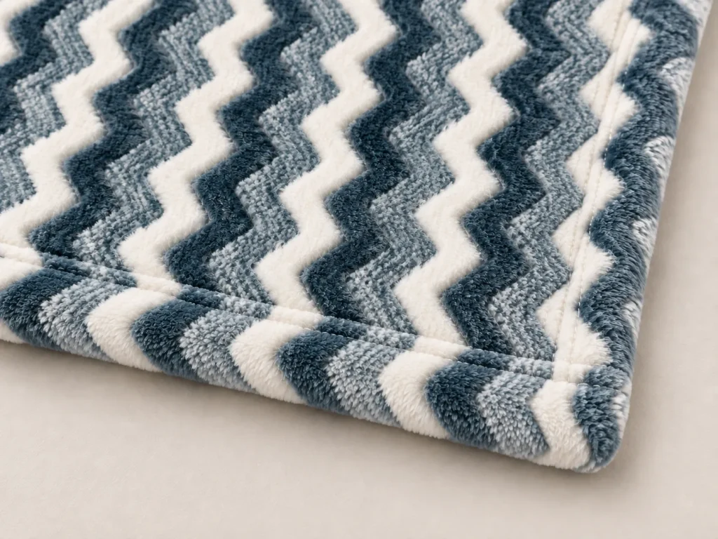 Jacquard Flannel Fleece Blanket fabric close-up, blue white chevron textured surface