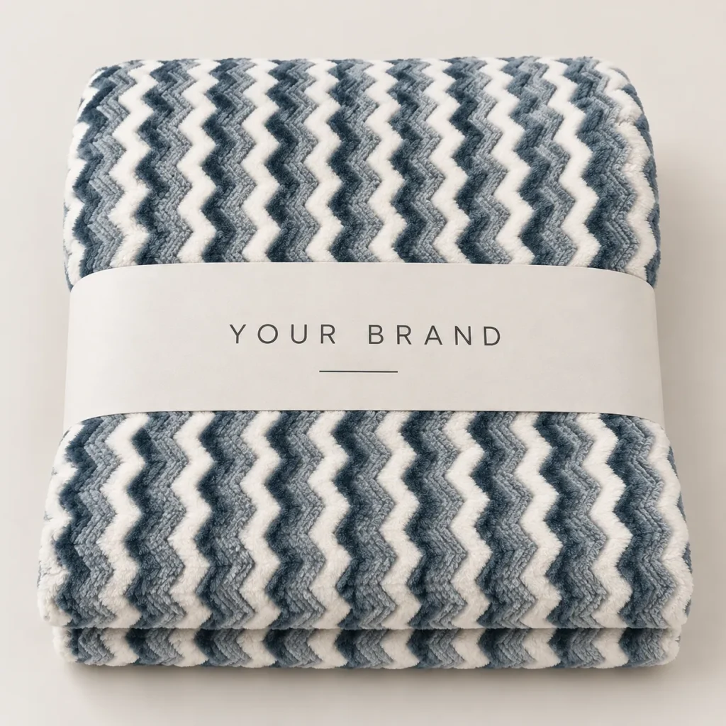 Jacquard Flannel Fleece Blanket neatly folded with paper band, top view product shot