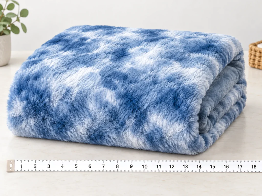 Folded tie dye faux rabbit fur fleece blanket shown with a measuring tape on a light surface